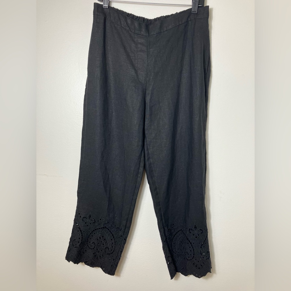 Chicos Pull On Crop Pants 100% Linen Black Sz 8 Eyelet Hem‎ Lagenlook Beach